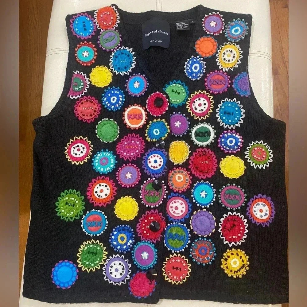 Vintage Michael Simon Black Rainbow Appliqué Circle Sweater Vest Sz S